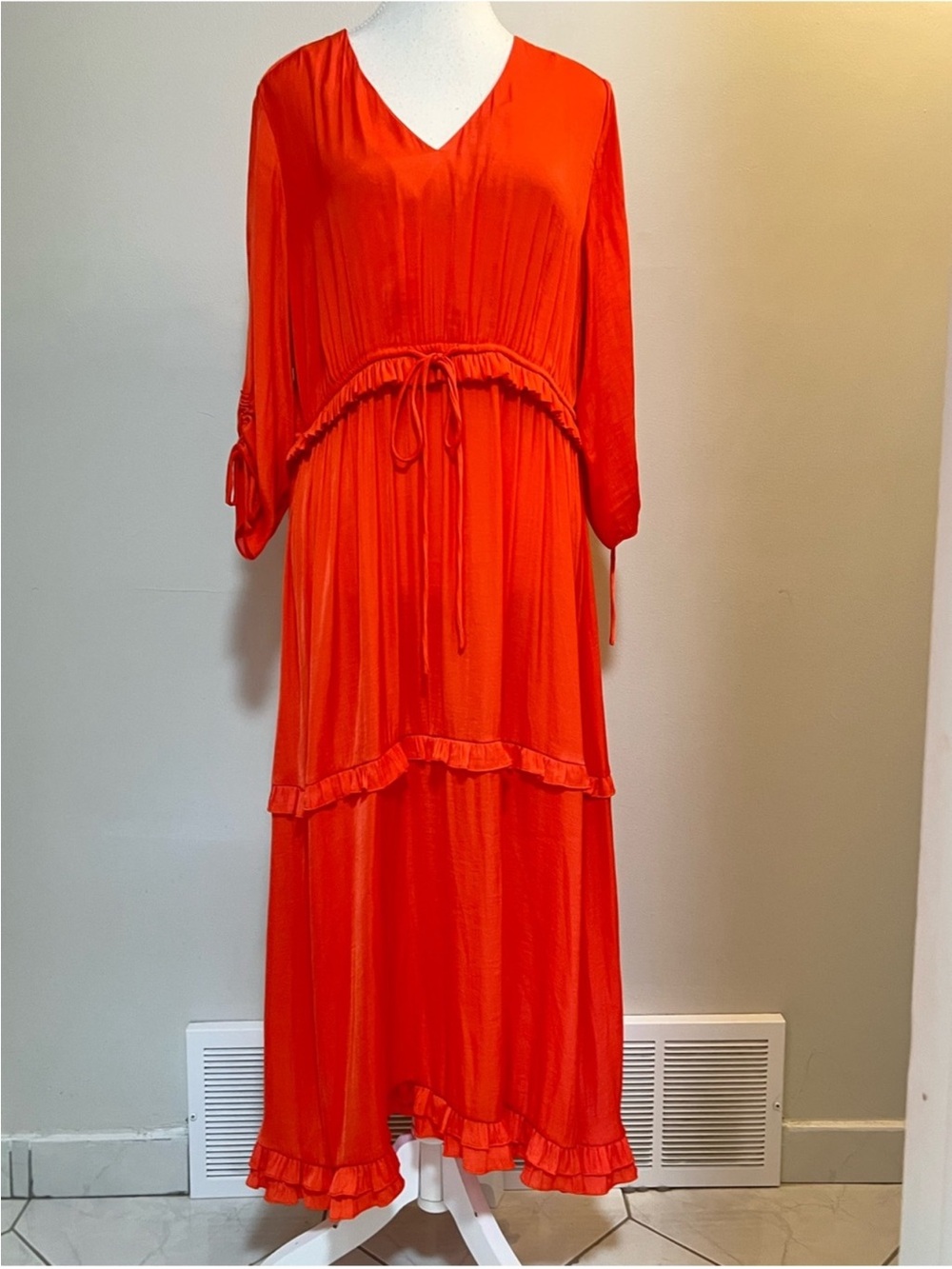 Scotch & Soda Bright Orange V-Neck Tiered Drawstring Maxi Dress